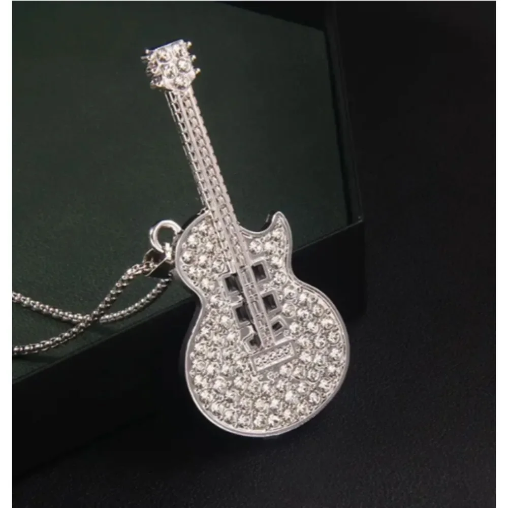 Large Silver ICED Rhinestone Guitar Necklace Men Women Teens